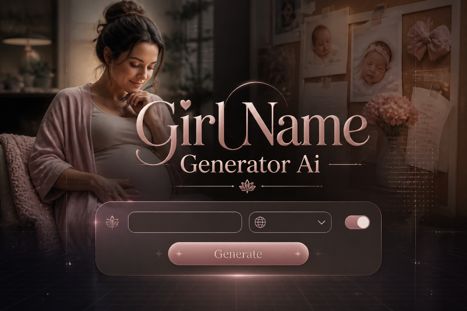 Centered hero graphic for a girl name generator ai tool with the title Girl Name Generator Ai, a style input, origin dropdown, modern toggle, and Generate button, set over a polished baby name discovery UI with subtle grid details.