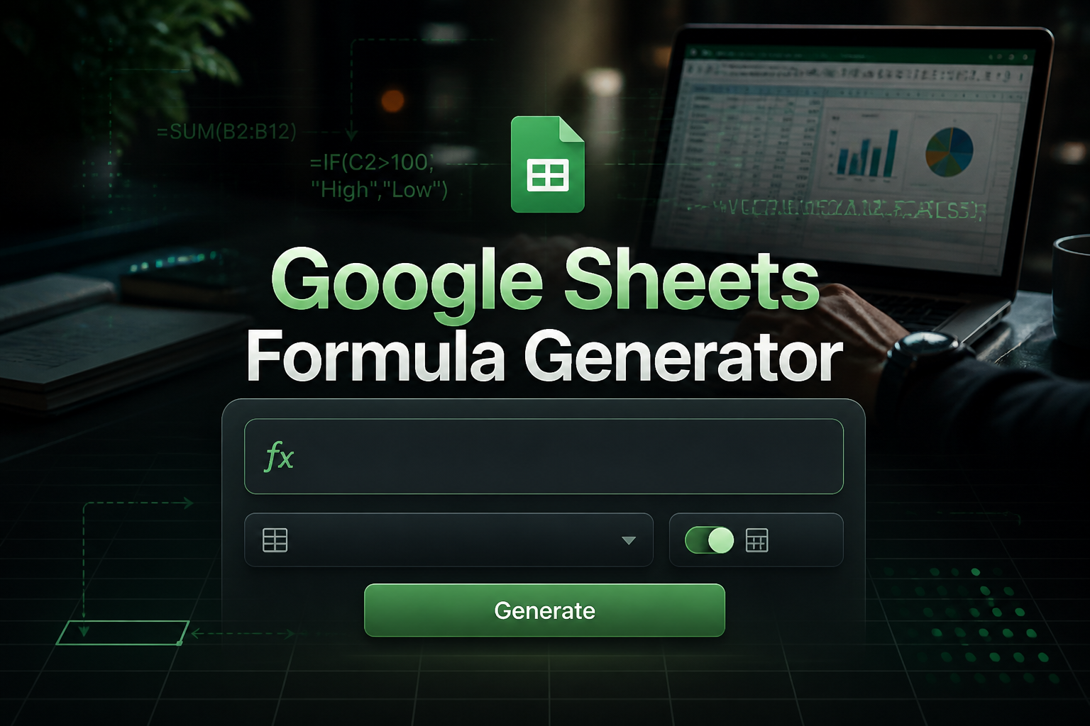 A polished hero image shows the title Google Sheets Formula Generator above a sleek spreadsheet-style panel with a formula request field, formula type dropdown, calculation mode toggle, and Generate button, plus subtle grid lines and UI hints.