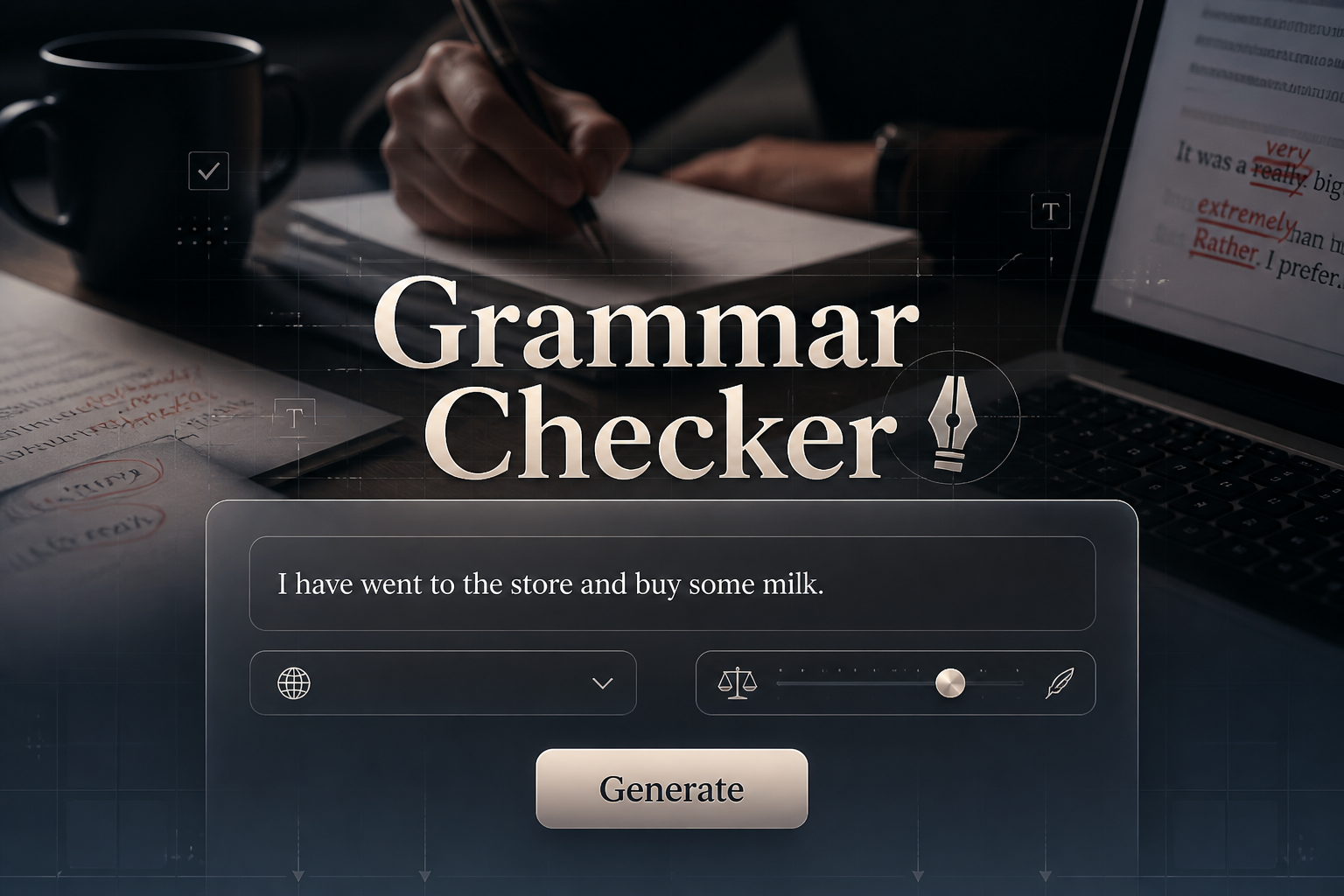Centered hero graphic with the title Grammar Checker in a soft-shadow UI panel, one sample text field, a language/style dropdown, a strictness toggle, and a Generate button, set over a polished proofreading workspace for online grammar checker and AI sentence correction.
