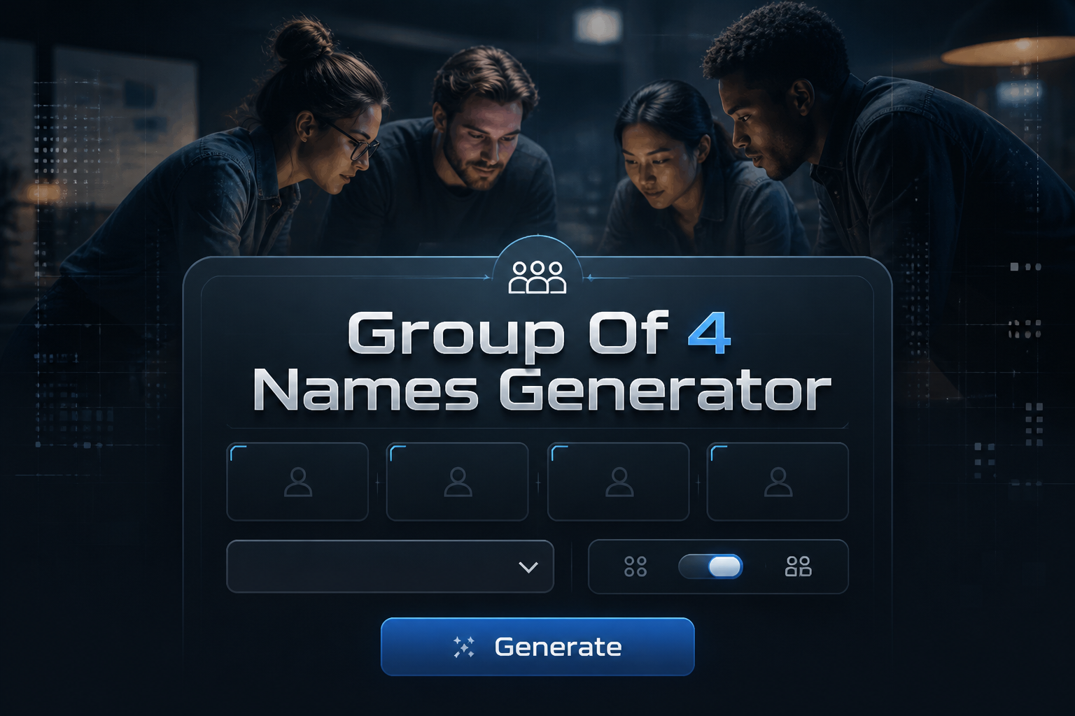 Centered sleek hero graphic for a Group Of 4 Names Generator, showing a modern UI panel with four-name input, style dropdown, group toggle, and Generate button over a subtle team huddle background and faint grid accents.