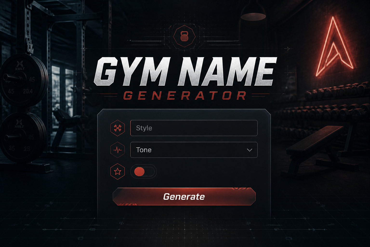 Centered hero graphic for a gym name generator tool with a sleek form showing style, tone, brand vibe, and Generate, over a moody gym background with weights and neon signage, ideal for a fitness business name generator UI.