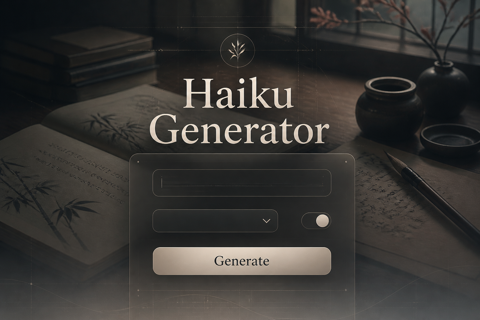 Centered hero image for a Haiku Generator tool showing a refined UI panel with a topic input, dropdown, toggle, and Generate button over a serene writing desk, ideal for haiku generator app and AI poem generator interface.