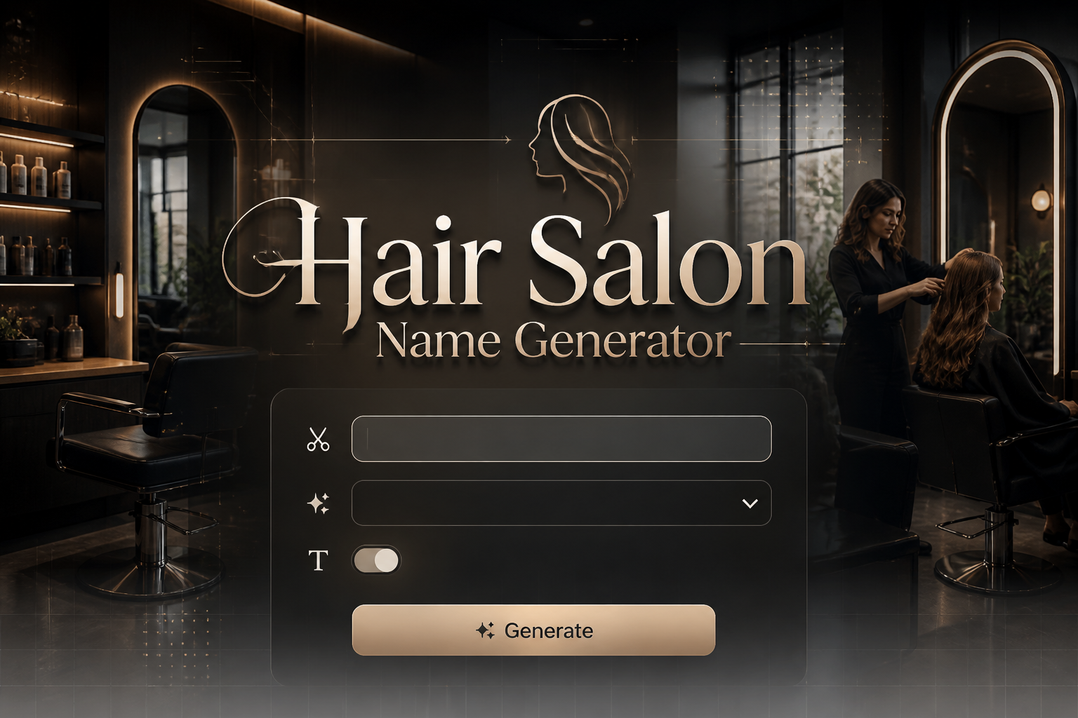 Centered hero image for a hair salon name generator tool with elegant "Hair Salon Name Generator" text, a sleek form for salon style, vibe dropdown, tone toggle, and Generate button over a polished modern salon UI scene.