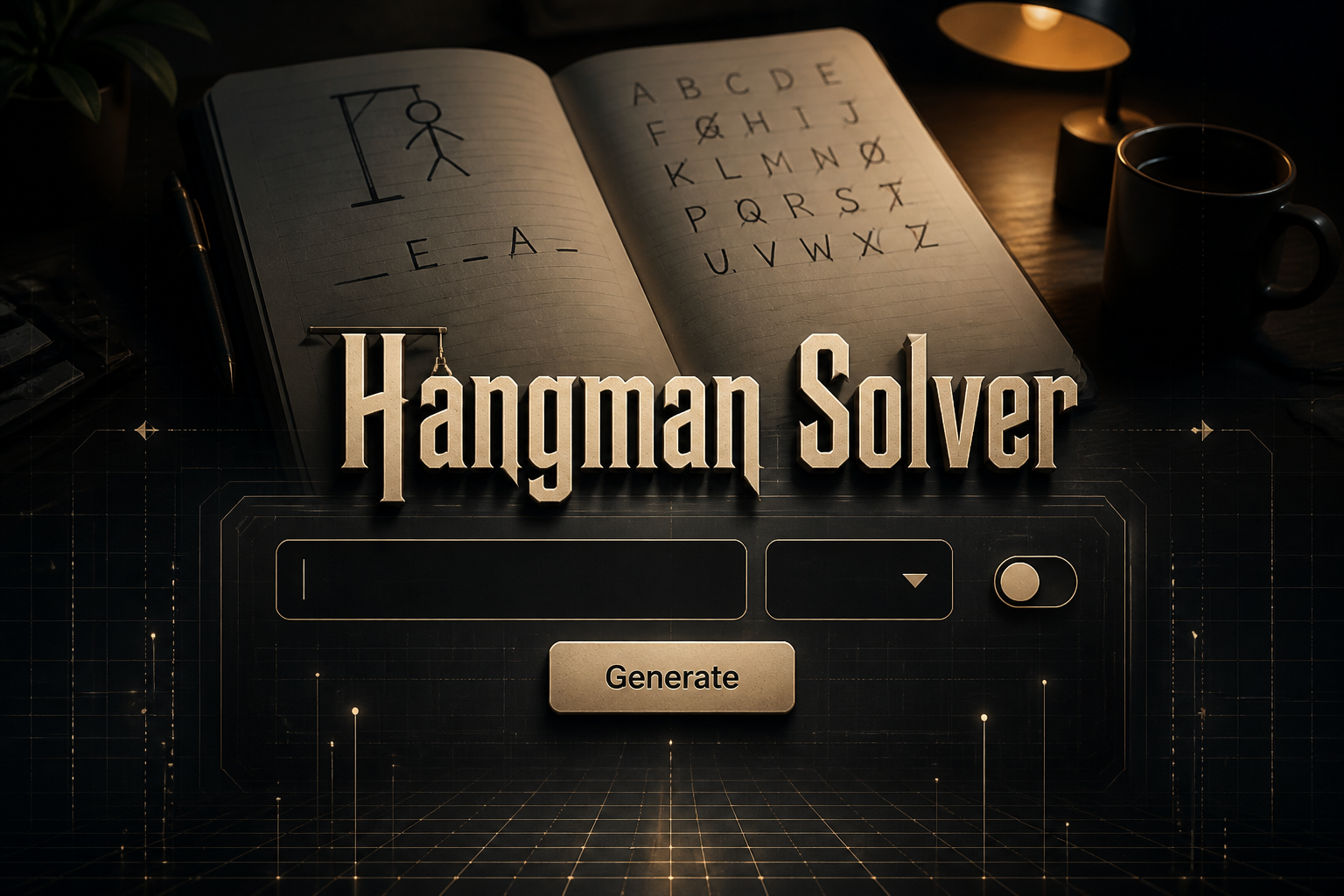 Centered hero image of a Hangman Solver tool with bold "Hangman Solver" text and deep black shadow above a sleek form, featuring a letters input, blank dropdown, toggle, and Generate button on a polished word puzzle helper interface.