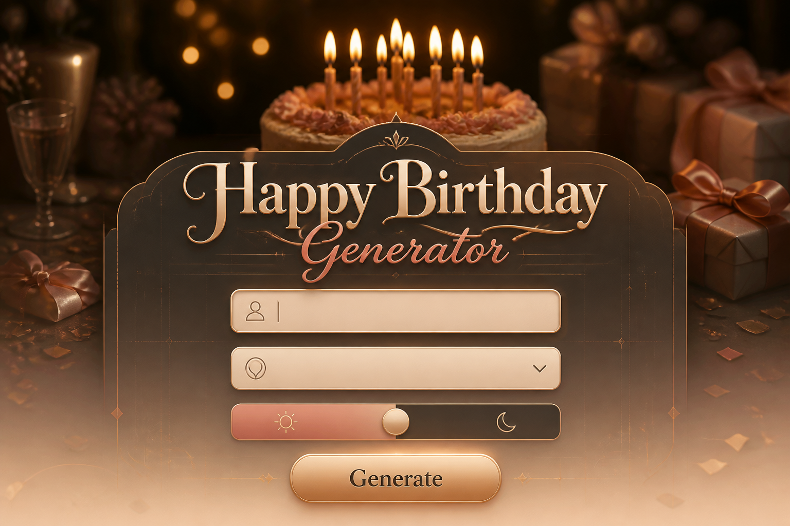 Centered hero graphic for a Happy Birthday Generator with elegant "Happy Birthday Generator" text, a name input, occasion style dropdown, date or greeting tone toggle, and Generate button over a luxe birthday scene with cake, candles, gifts, and warm festive lights.