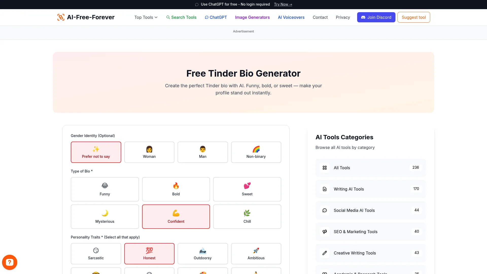 Free Tinder Bio Generator - Generate witty Tinder bios that stand out