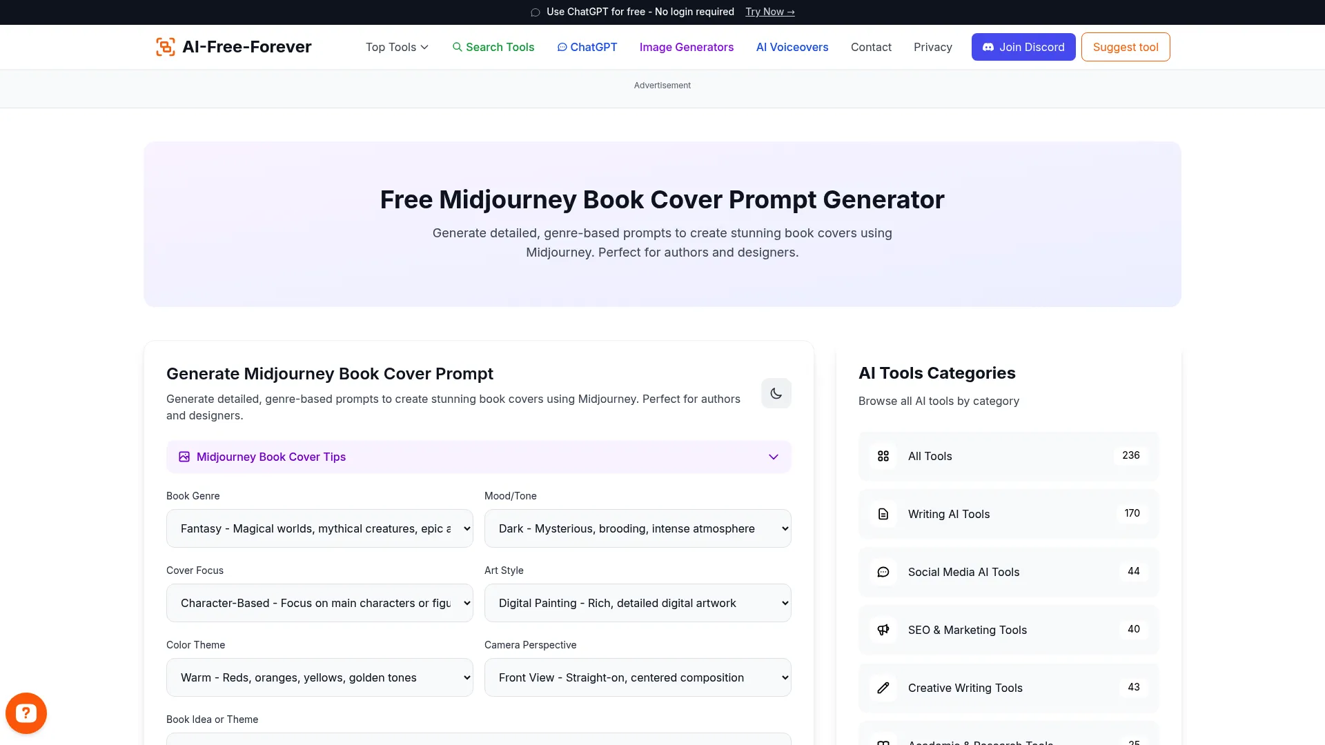 Free Midjourney Book Cover Prompt Generator - Specialized book cover prompts for Midjourney