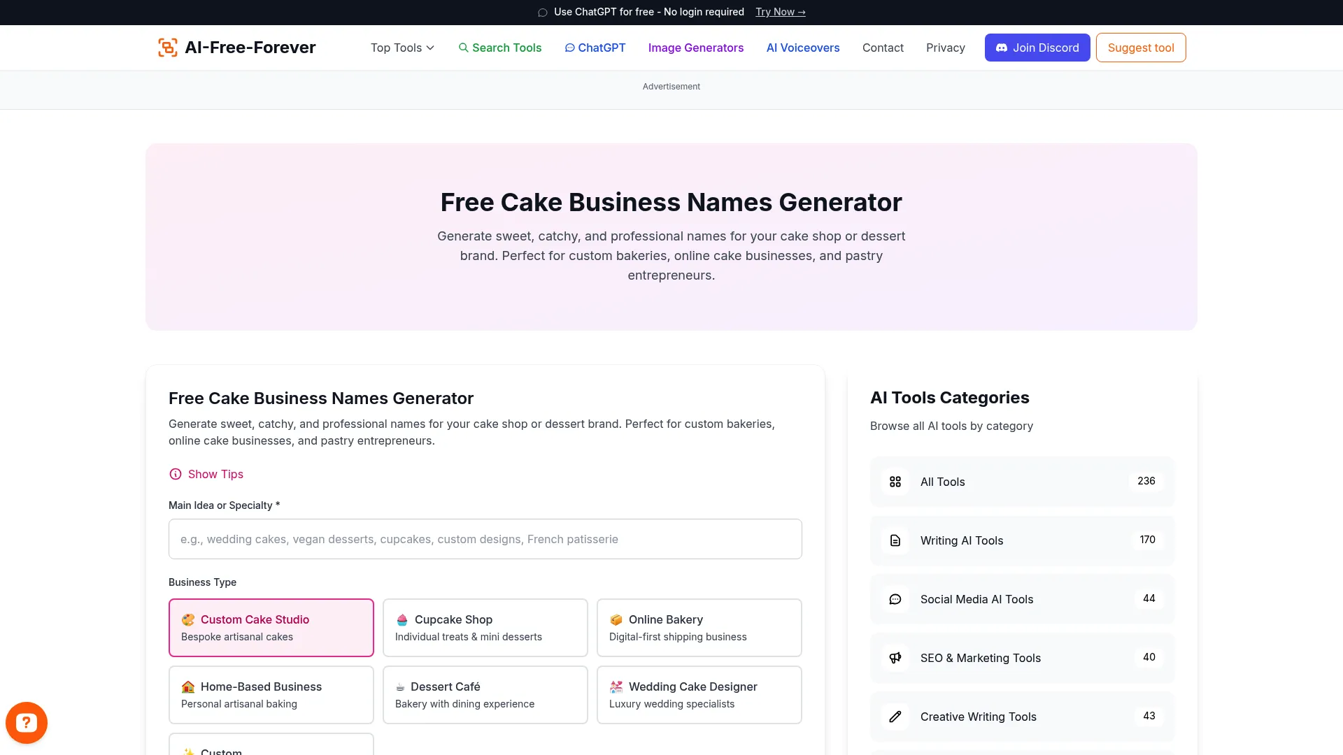 Cake Business Names Generator - Brainstorm professional and appealing names for your cake shop