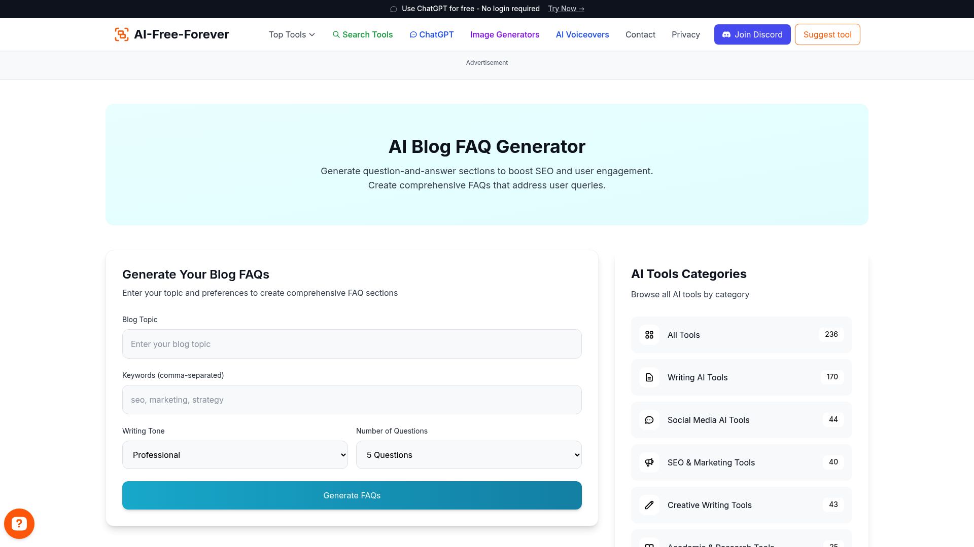 Blog FAQ Generator - Create comprehensive FAQ sections for any topic with relevant questions and answers