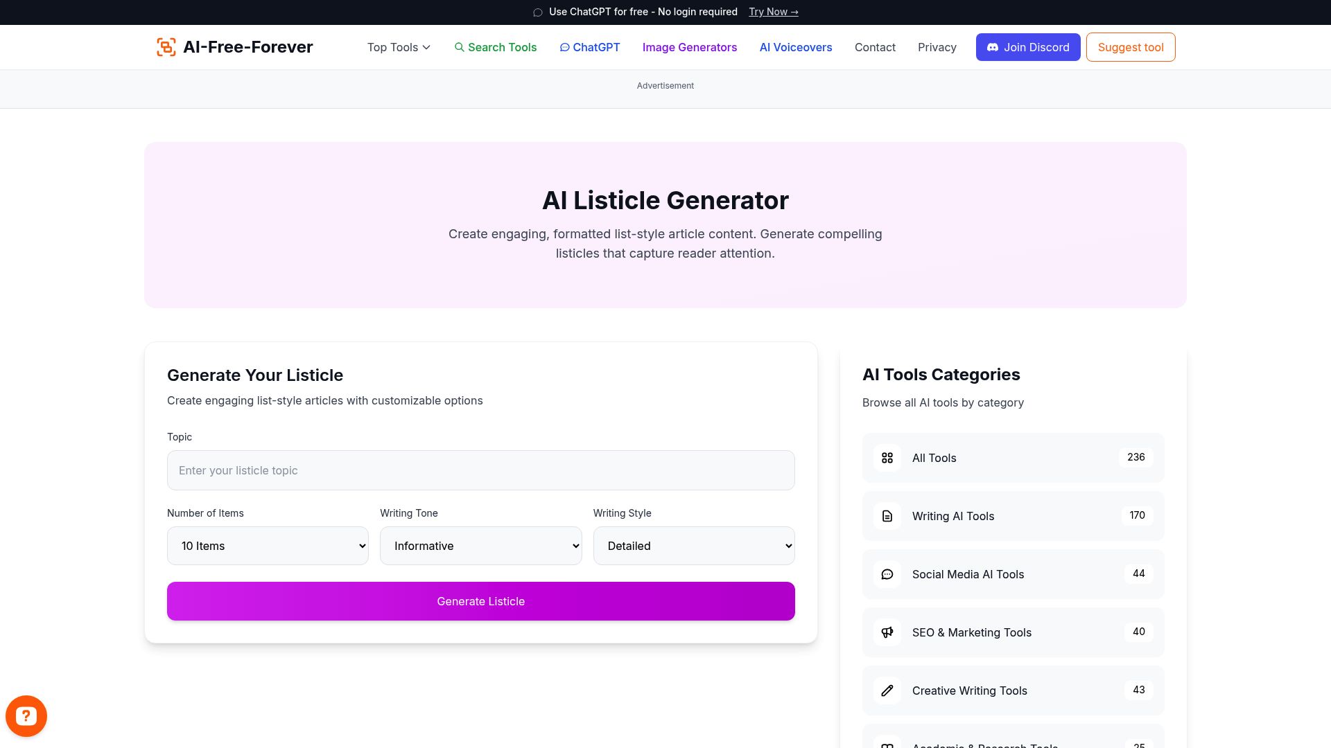 Listicle Generator - Create engaging list-based articles and posts with structured, scannable content